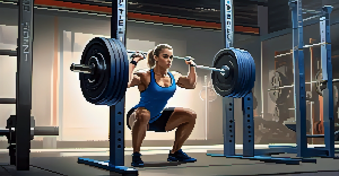 A powerlifter intensely focused on squatting in a gym, with weights on the barbell and gym equipment in the background.