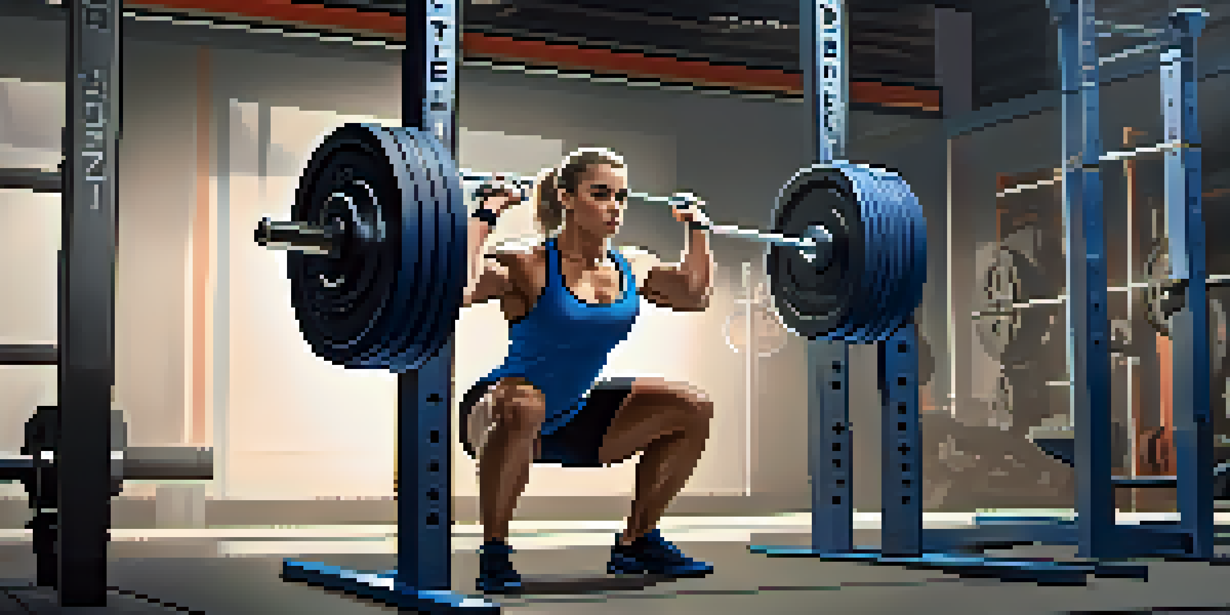 A powerlifter intensely focused on squatting in a gym, with weights on the barbell and gym equipment in the background.