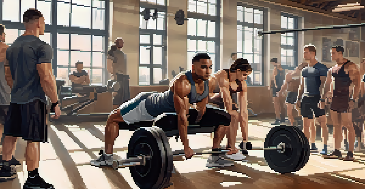An athlete working hard on a bench press with teammates around, under bright natural light in a gym.
