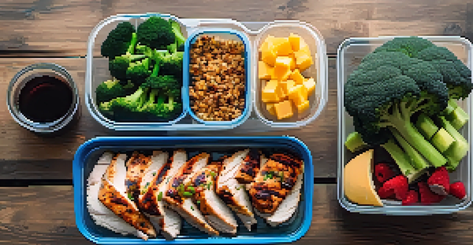 A flat lay of a nutritious powerlifting meal prep, including chicken, broccoli, quinoa, and fruits, arranged on a wooden table with a water bottle.