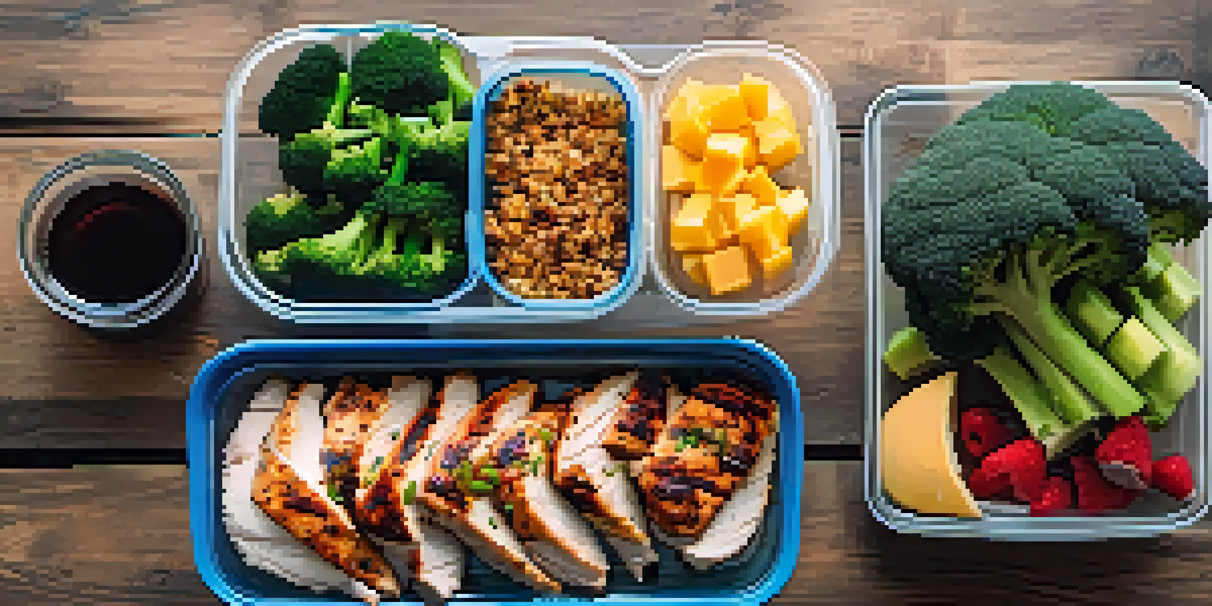 A flat lay of a nutritious powerlifting meal prep, including chicken, broccoli, quinoa, and fruits, arranged on a wooden table with a water bottle.
