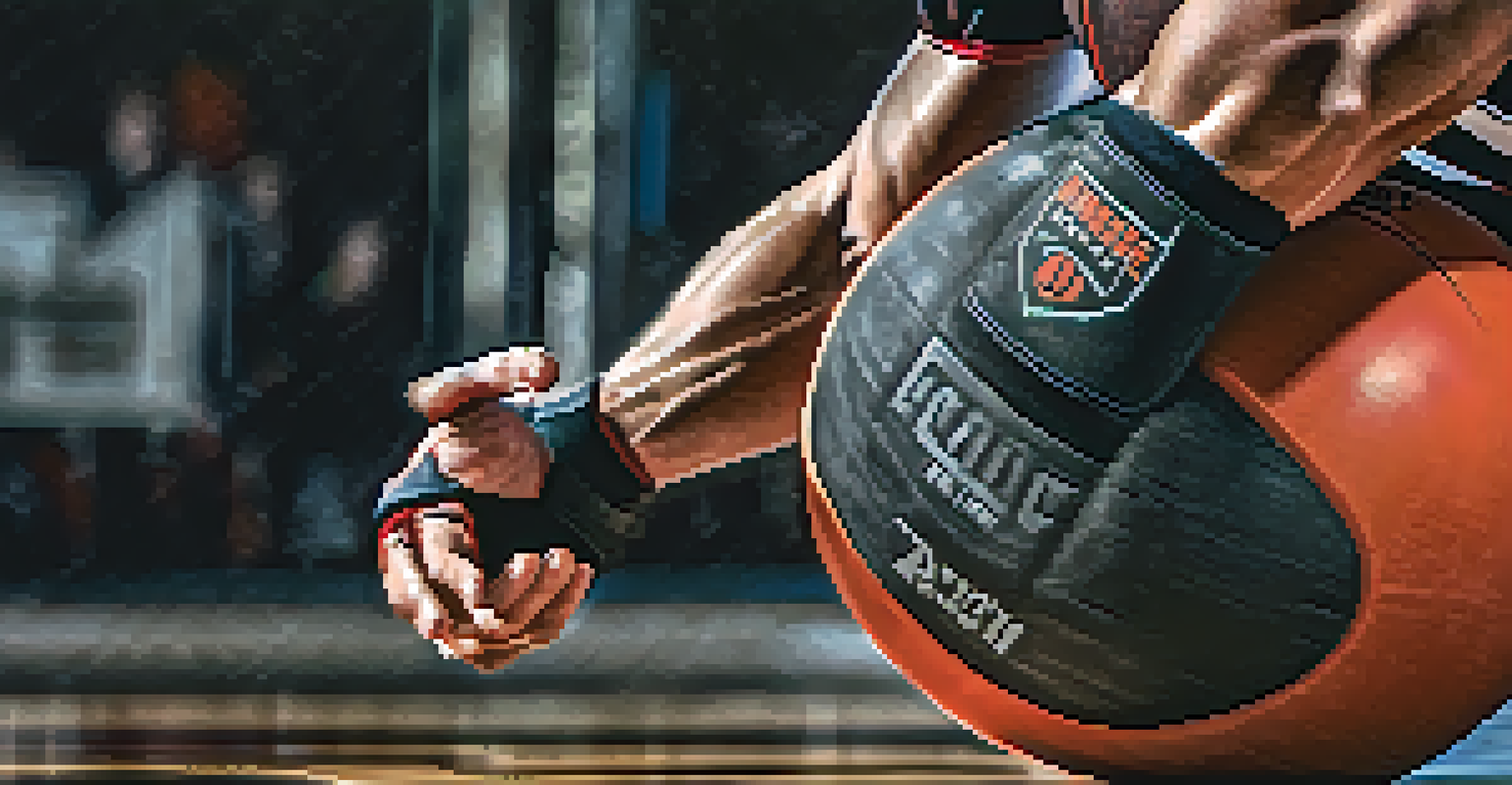 A close-up of a powerlifter's hands gripping a medicine ball, preparing for a slam, with a focus on the texture and sweat.