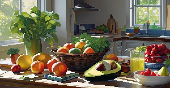 A colorful kitchen table with fresh fruits and vegetables, sunlight streaming through the window.