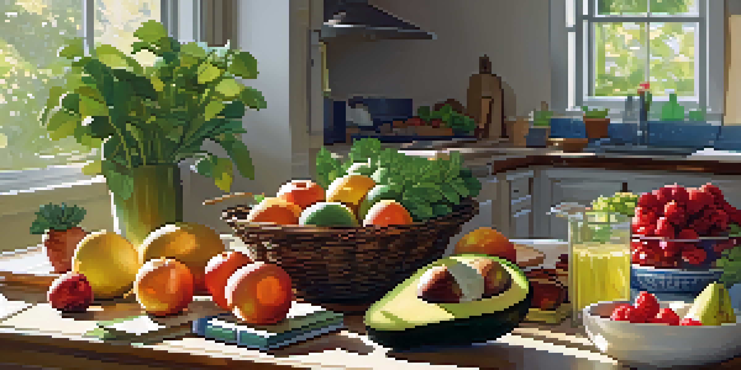 A colorful kitchen table with fresh fruits and vegetables, sunlight streaming through the window.