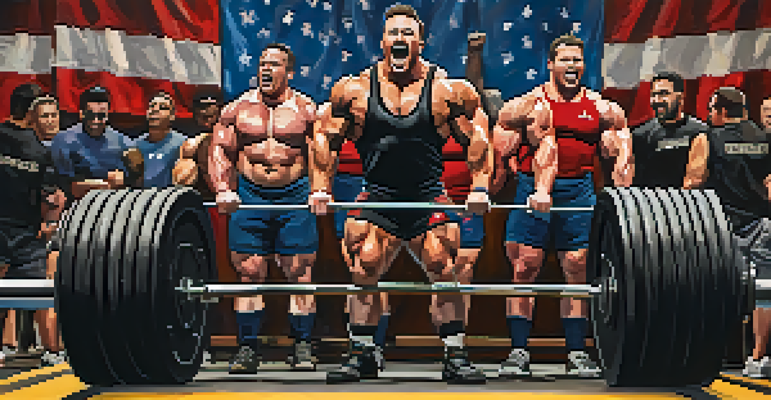 A group of powerlifters supporting a competitor on a deadlift platform, showcasing community and excitement.