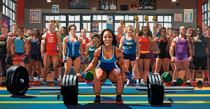 A diverse powerlifting team cheering for a teammate during a weightlifting attempt in a bright gym setting.