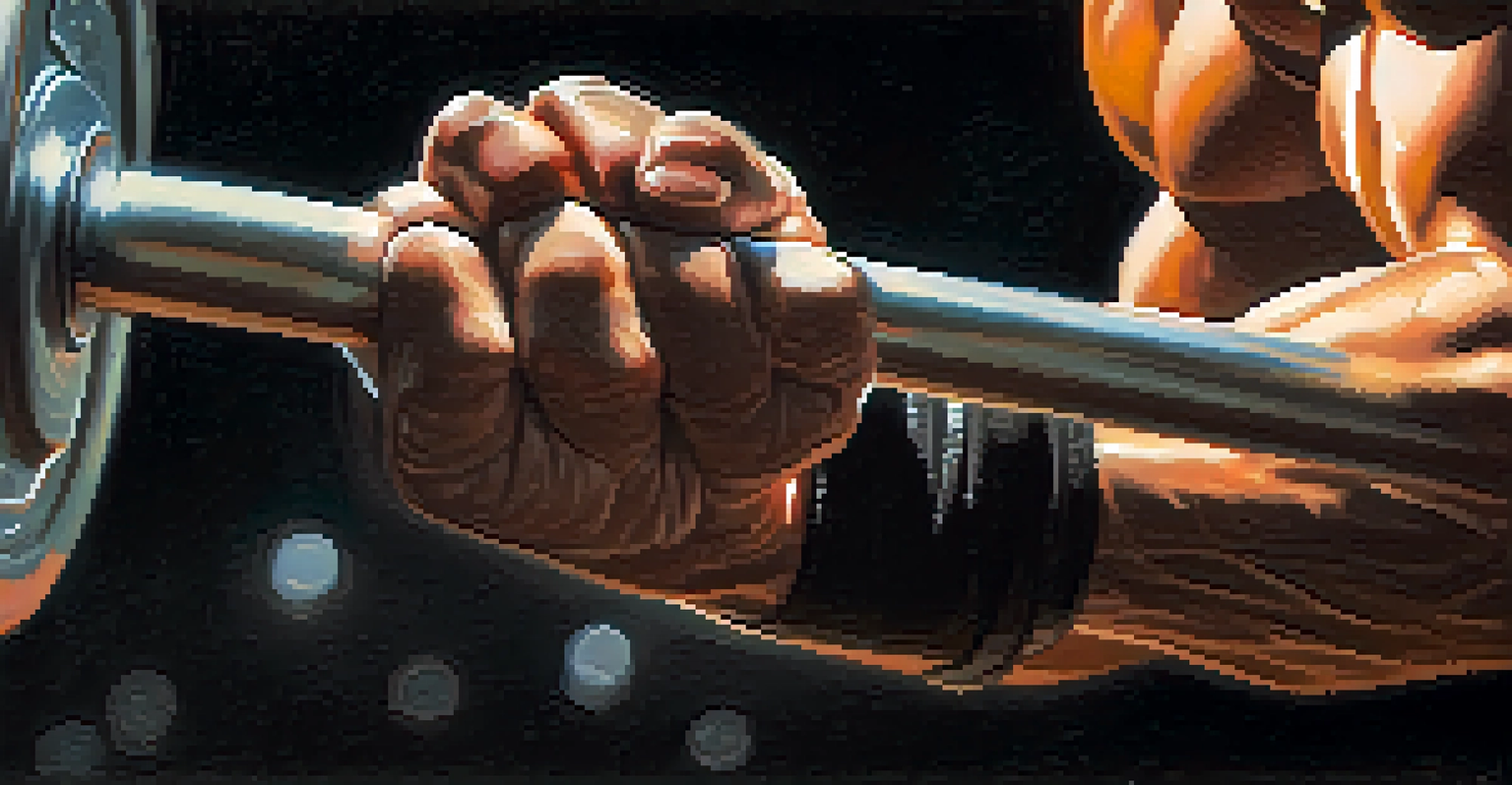 Close-up of a powerlifter's hands gripping a barbell with chalk, set in a dim gym with a spotlight effect.