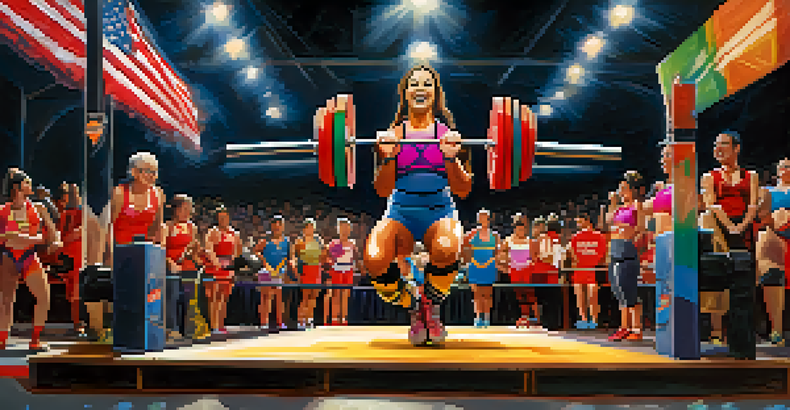 A powerlifting competition featuring female lifters on stage, with an excited audience and colorful banners.