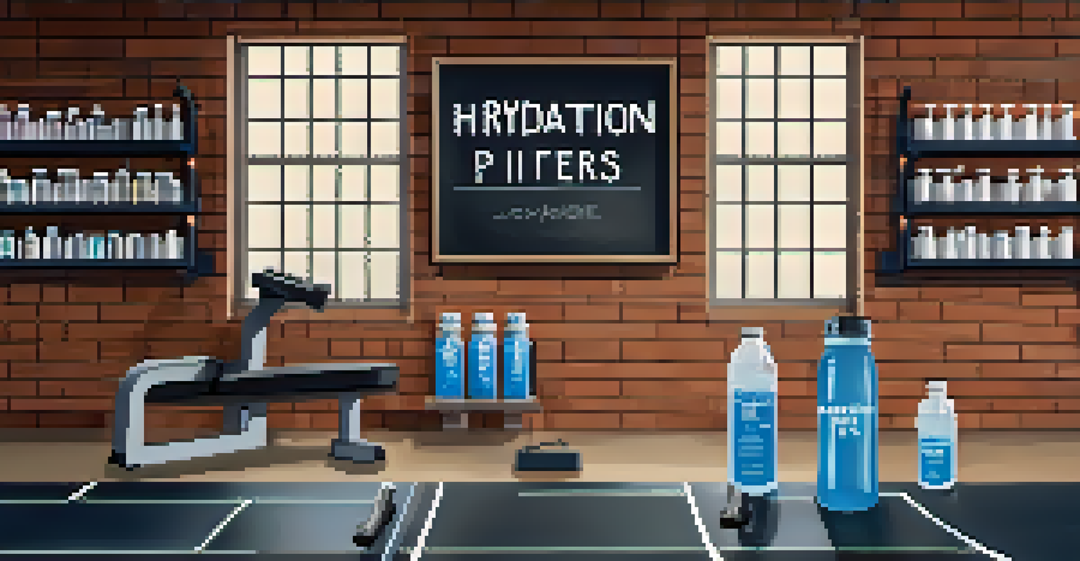 A hydration station in a gym with water bottles and supplements, highlighting hydration tips for athletes.