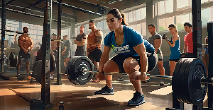 A diverse group of individuals engaged in a powerlifting training session, with a strong woman lifting weights and a supportive friend spotting her.