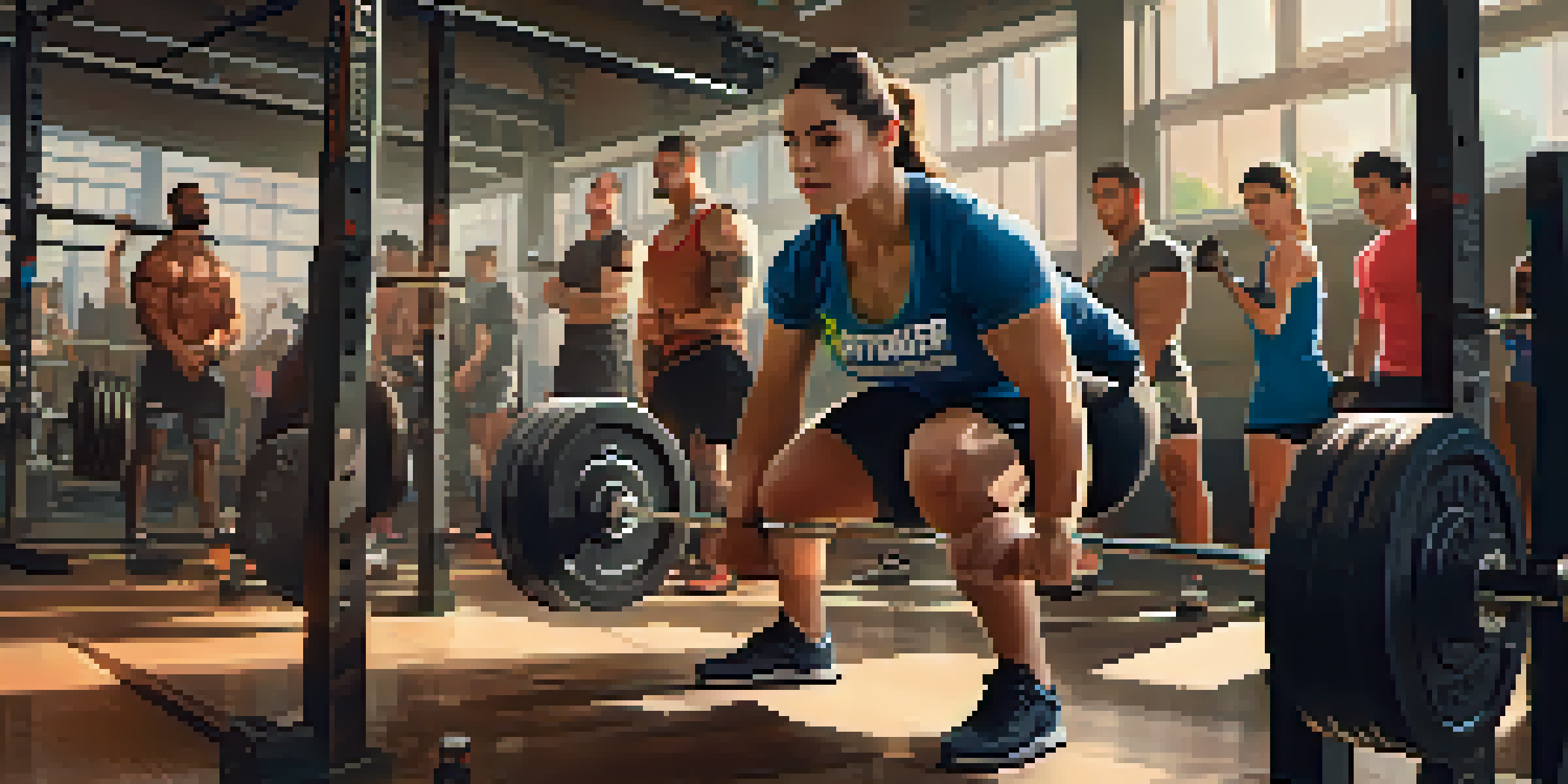 A diverse group of individuals engaged in a powerlifting training session, with a strong woman lifting weights and a supportive friend spotting her.