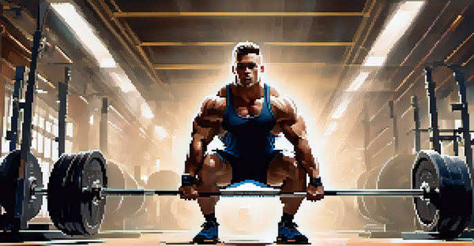 A muscular powerlifter squatting in a gym, showing determination and focus under bright lighting.
