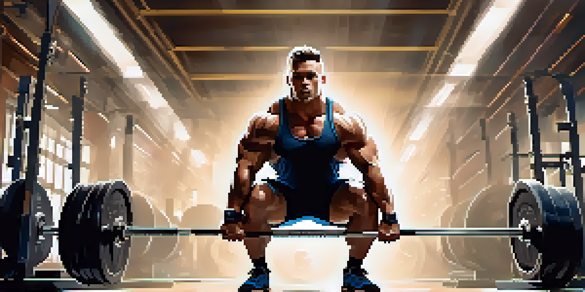 A muscular powerlifter squatting in a gym, showing determination and focus under bright lighting.