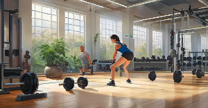 A beginner practicing squats in a bright indoor gym with a trainer watching.