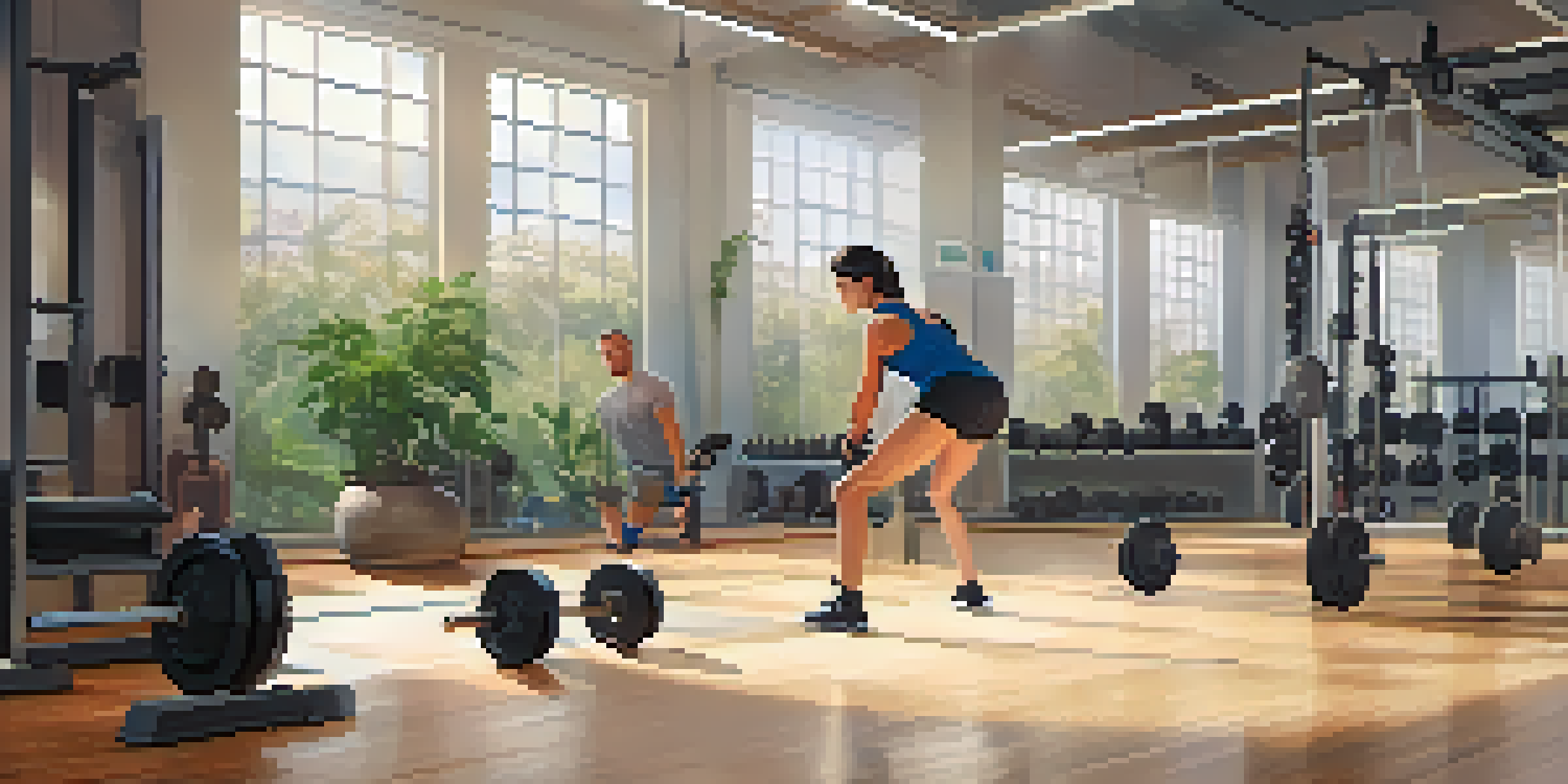 A beginner practicing squats in a bright indoor gym with a trainer watching.