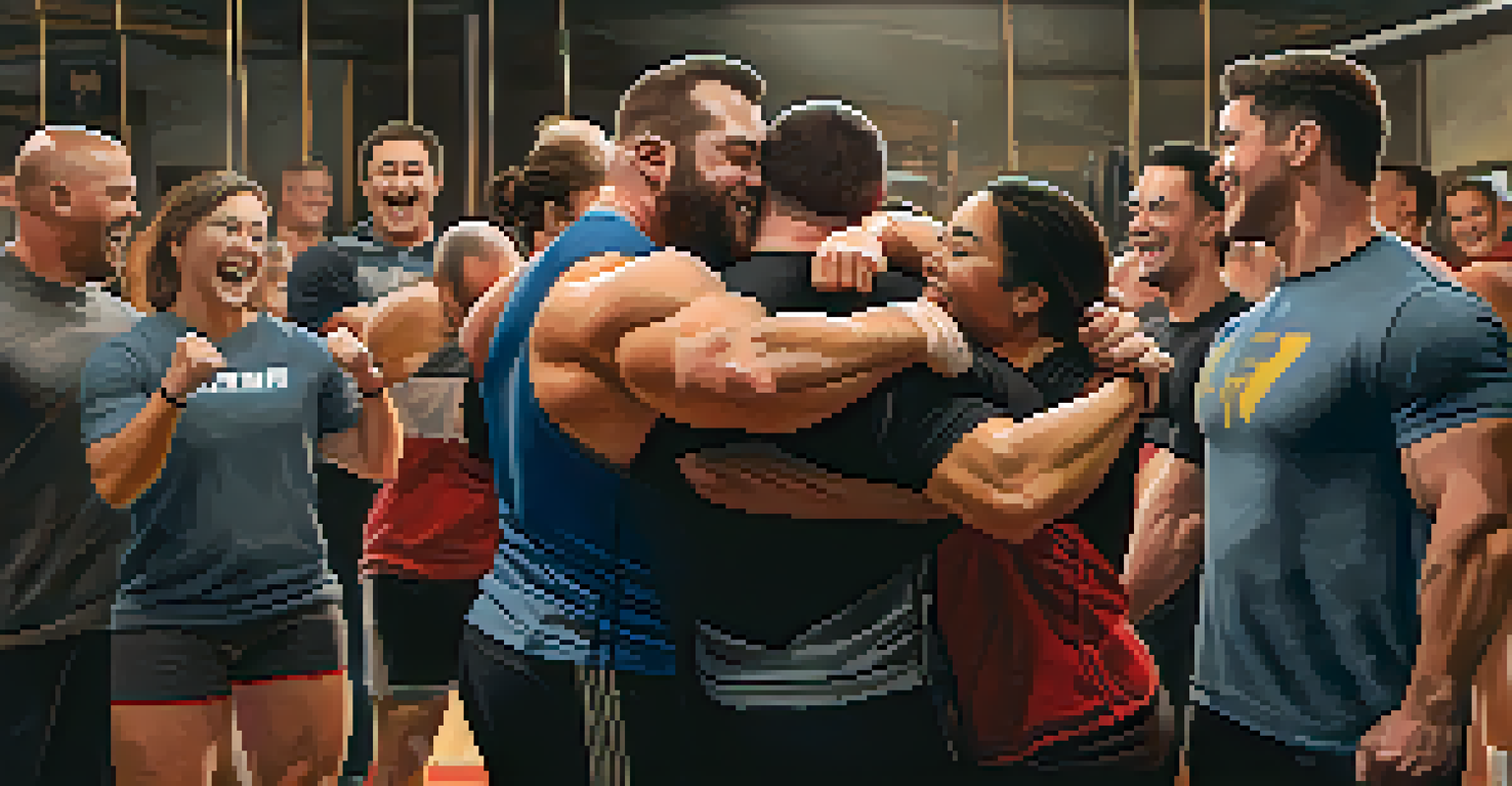 A group of powerlifters celebrating their achievements with hugs and high-fives in a warmly lit gym.