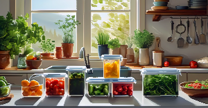 A kitchen countertop with colorful meal prep containers and fresh herbs in sunlight.