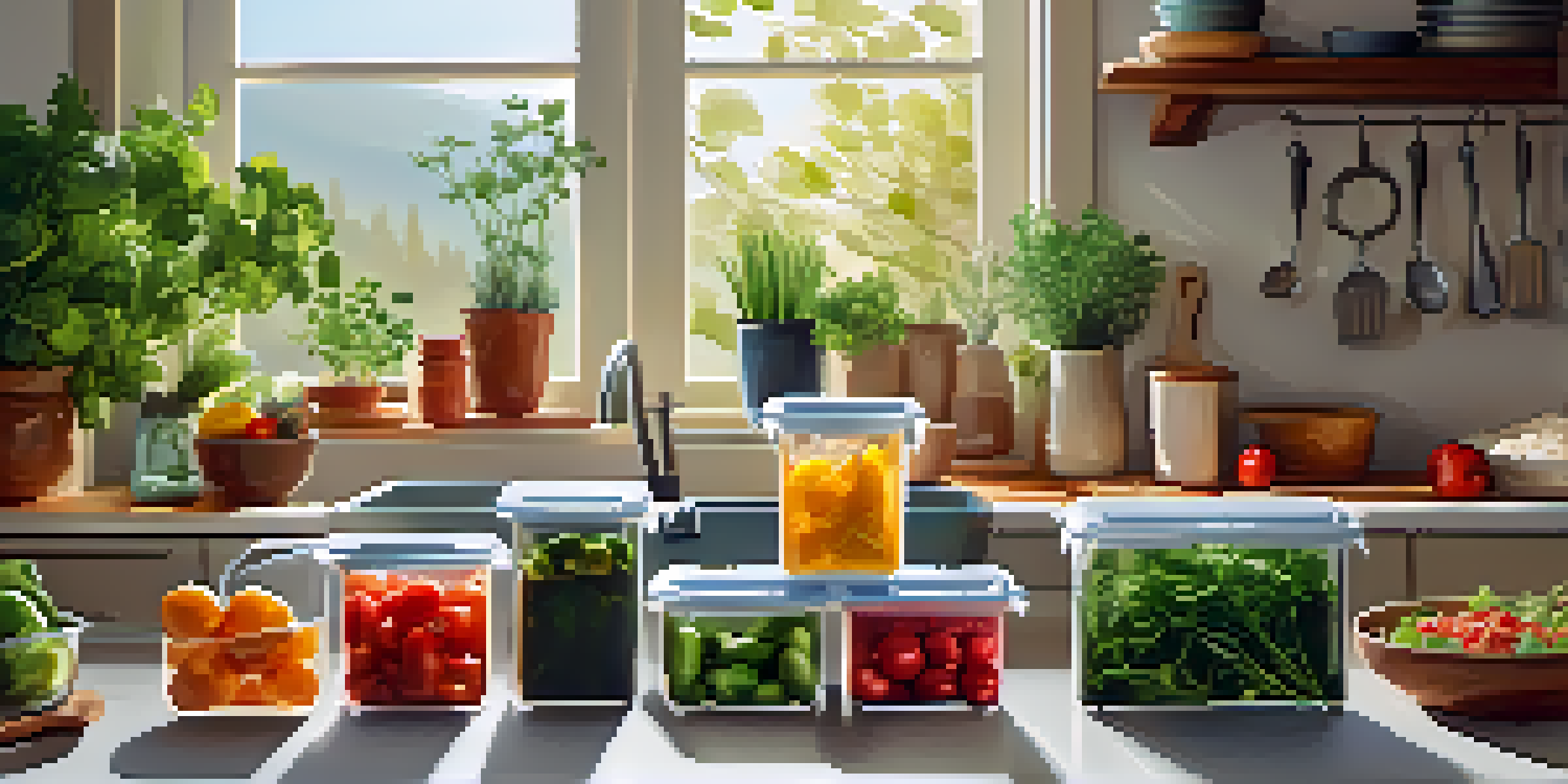 A kitchen countertop with colorful meal prep containers and fresh herbs in sunlight.