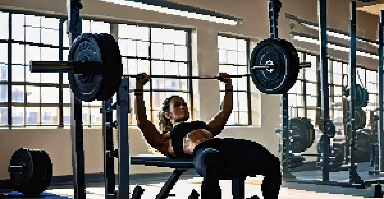A female powerlifter performing a bench press in a gym, with a spotter and gym equipment around them.