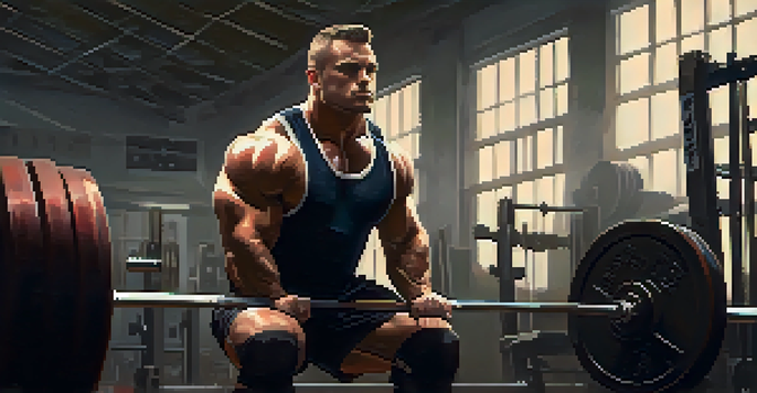 A powerlifter concentrating before a lift in a dimly lit gym, with a barbell and focused expression.