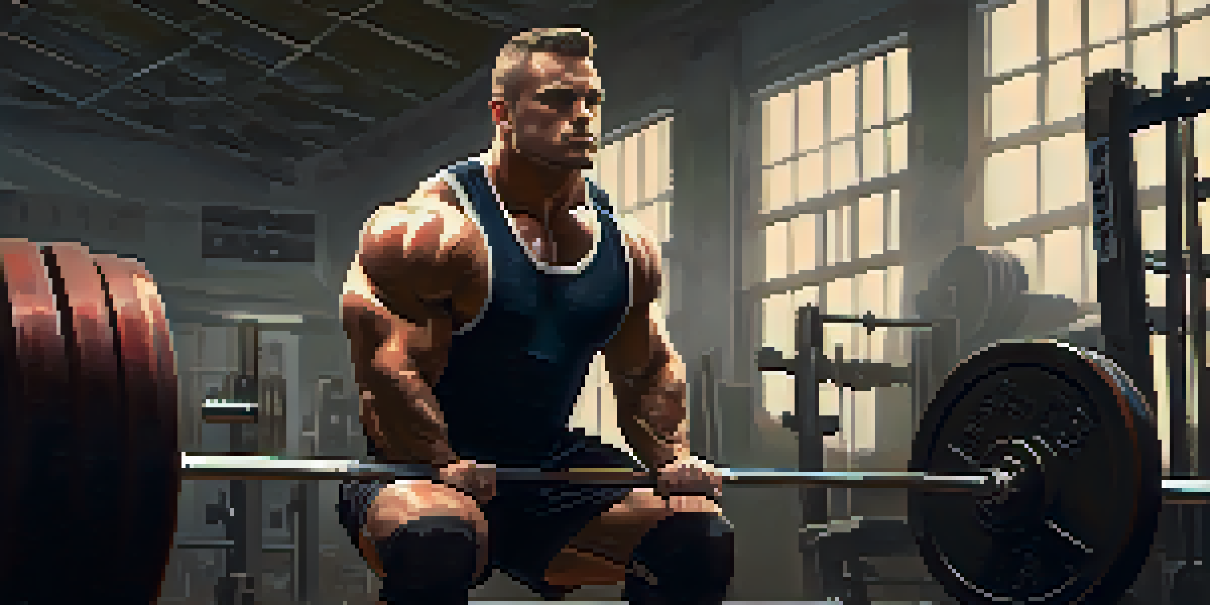 A powerlifter concentrating before a lift in a dimly lit gym, with a barbell and focused expression.