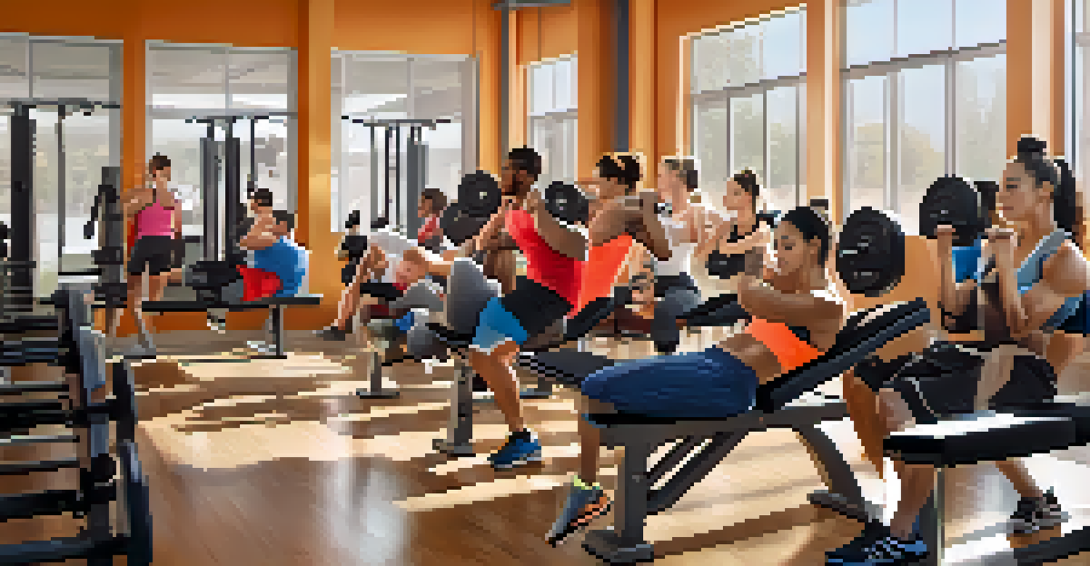 A diverse group of individuals in a fitness class performing bench presses in a bright gym.