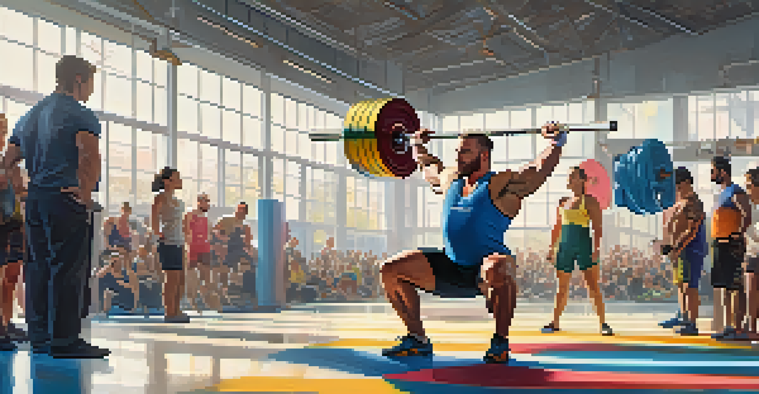 An Olympic weightlifter performing a clean and jerk in a bright gym, displaying strength and technique.