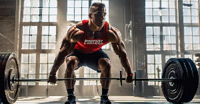 A powerlifter lifting a heavy barbell in a bright gym, showing intense focus and determination.