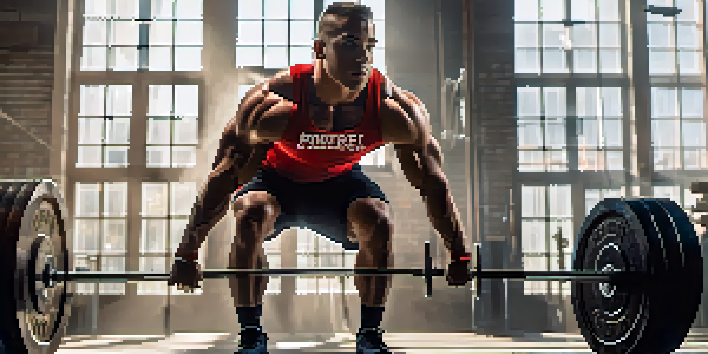 A powerlifter lifting a heavy barbell in a bright gym, showing intense focus and determination.