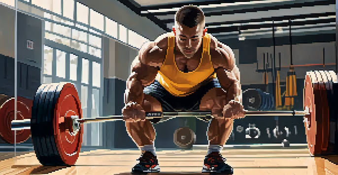 A powerlifter demonstrating proper squat technique in a bright gym, showcasing their muscular physique and concentration.