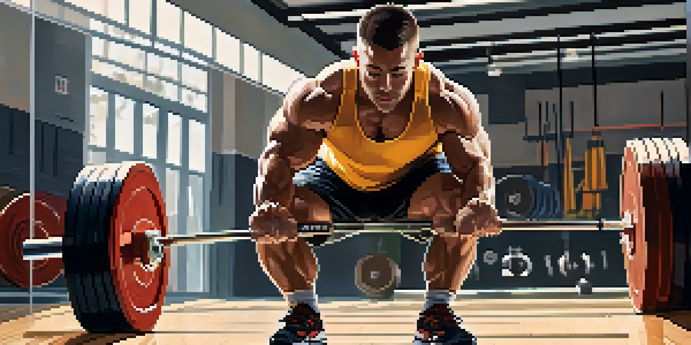 A powerlifter demonstrating proper squat technique in a bright gym, showcasing their muscular physique and concentration.
