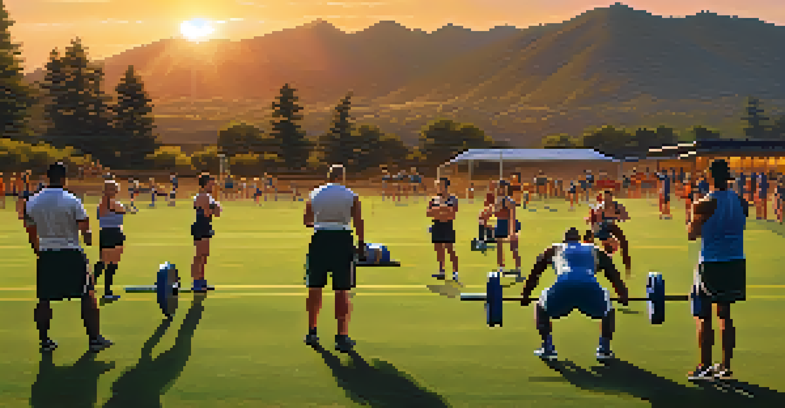 A group of athletes training outdoors, performing powerlifting exercises with mountains in the background.