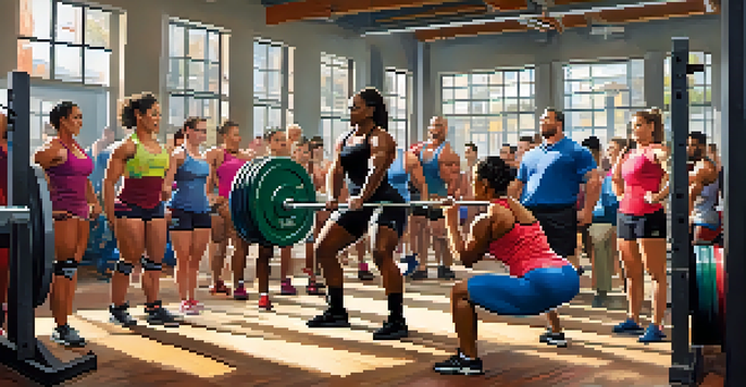 A female powerlifter in a gym, squatting with friends encouraging her, with colorful gym equipment and motivational posters.