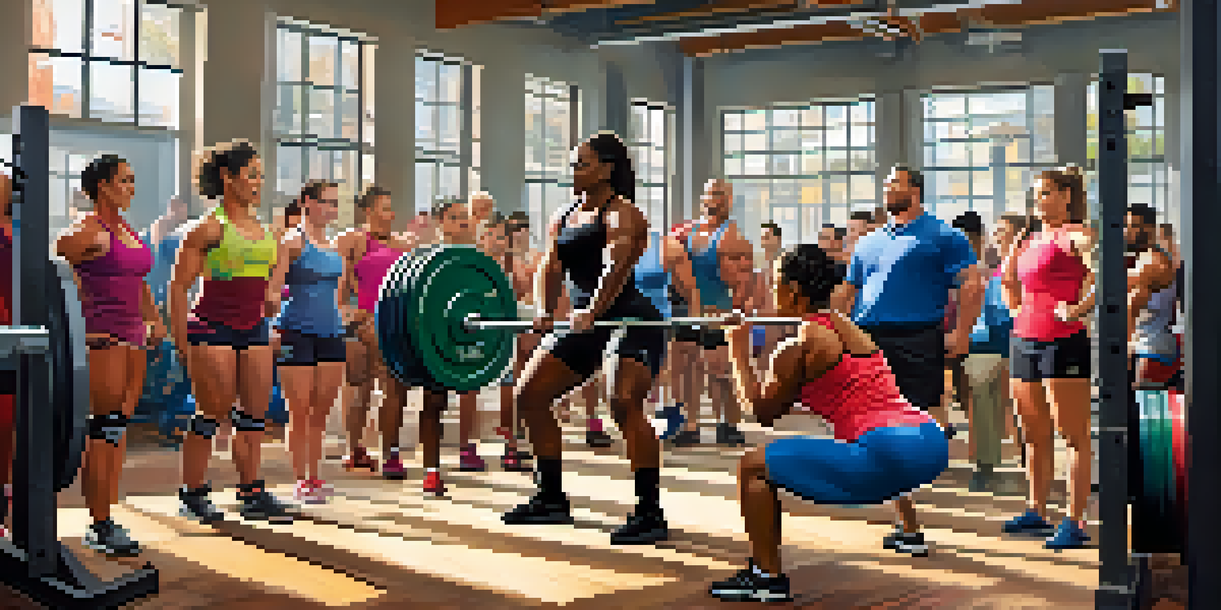 A female powerlifter in a gym, squatting with friends encouraging her, with colorful gym equipment and motivational posters.