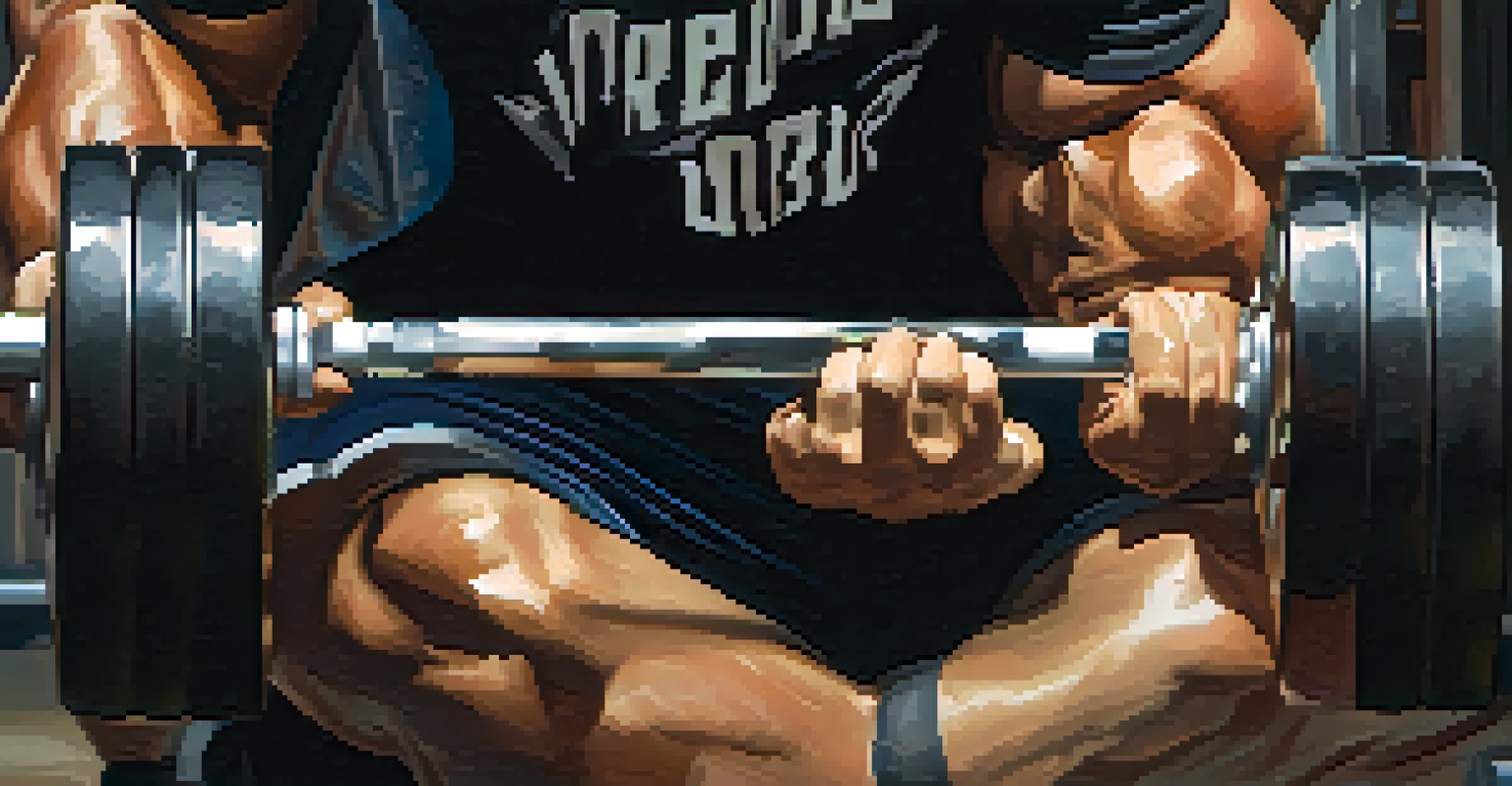 A close-up of a powerlifter's hands gripping a barbell during a squat.