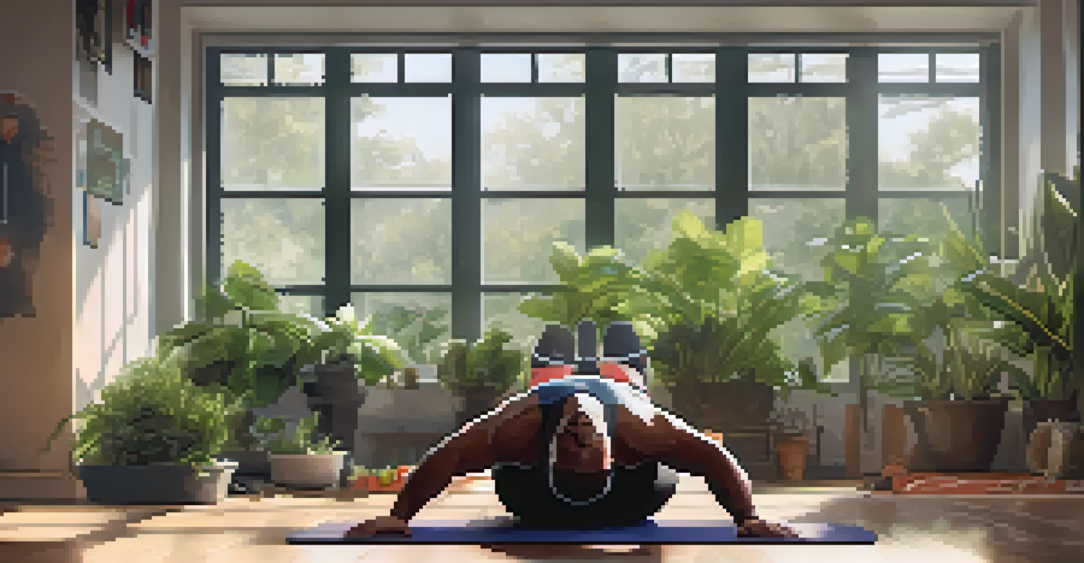 A powerlifter resting on a yoga mat surrounded by plants and a meal prep area, emphasizing recovery.