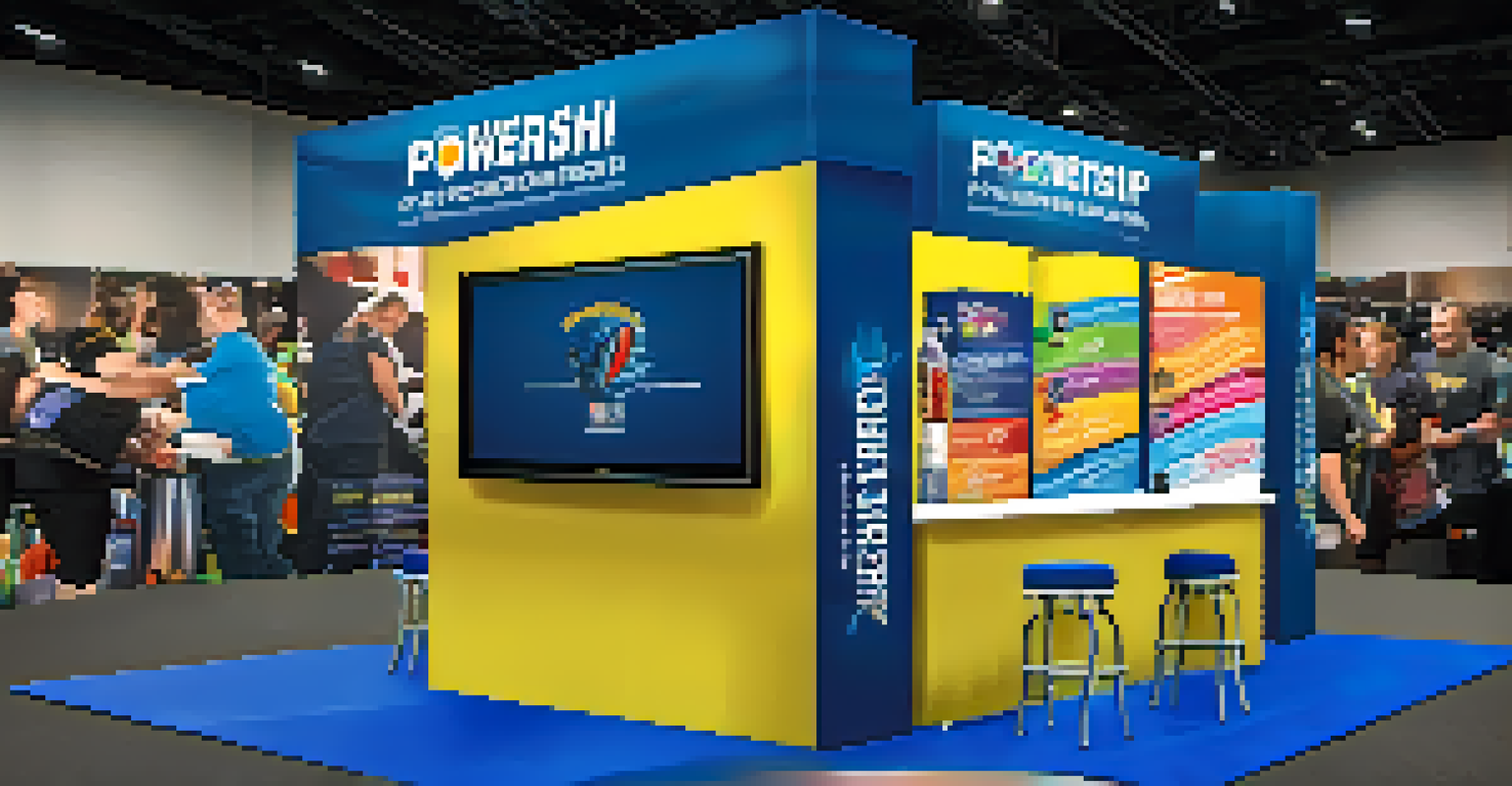 A vibrant sponsorship booth at a powerlifting charity event with branded promotional items and attendees interacting with the staff.