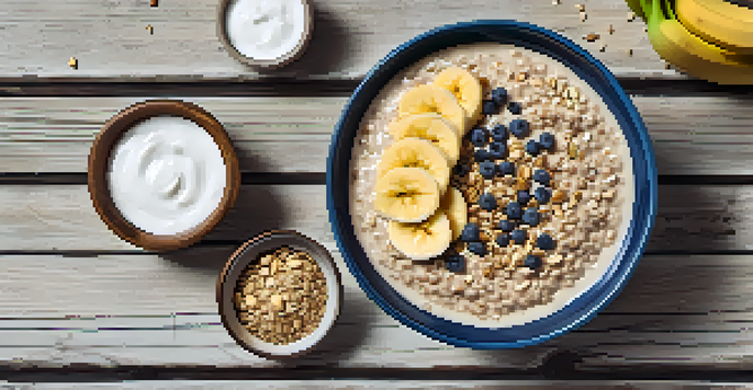 A colorful assortment of pre-workout nutrition items including oatmeal, banana slices, Greek yogurt, mixed nuts, and a protein smoothie on a wooden table.