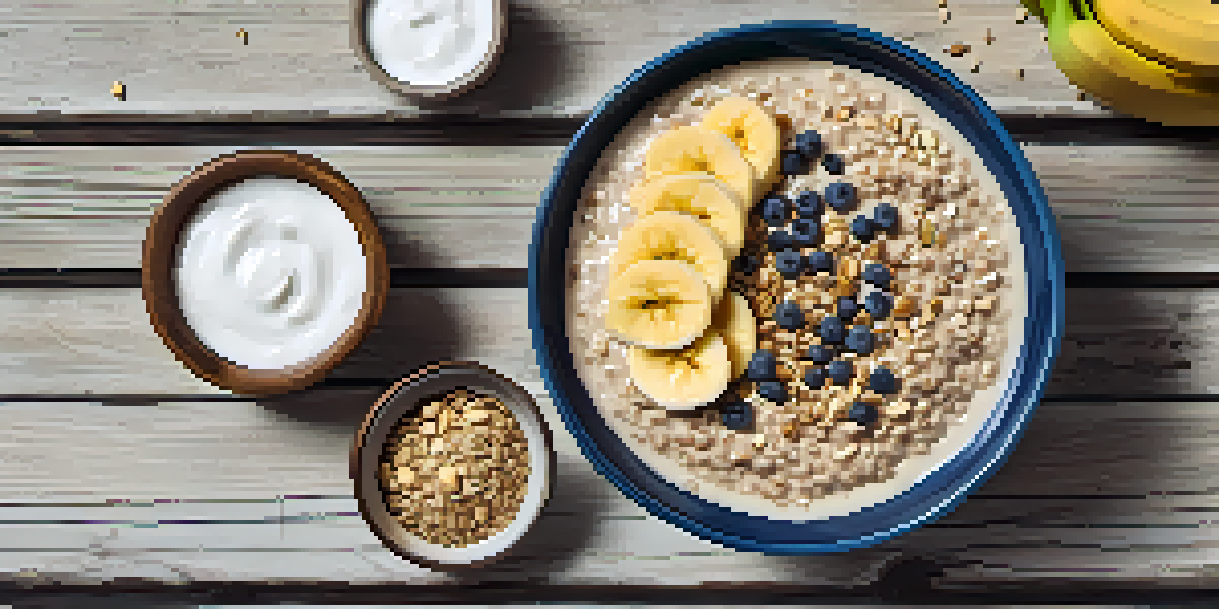 A colorful assortment of pre-workout nutrition items including oatmeal, banana slices, Greek yogurt, mixed nuts, and a protein smoothie on a wooden table.
