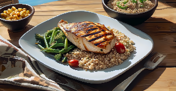 A protein-rich meal with grilled chicken, colorful vegetables, and quinoa on a wooden table, illuminated by natural sunlight.