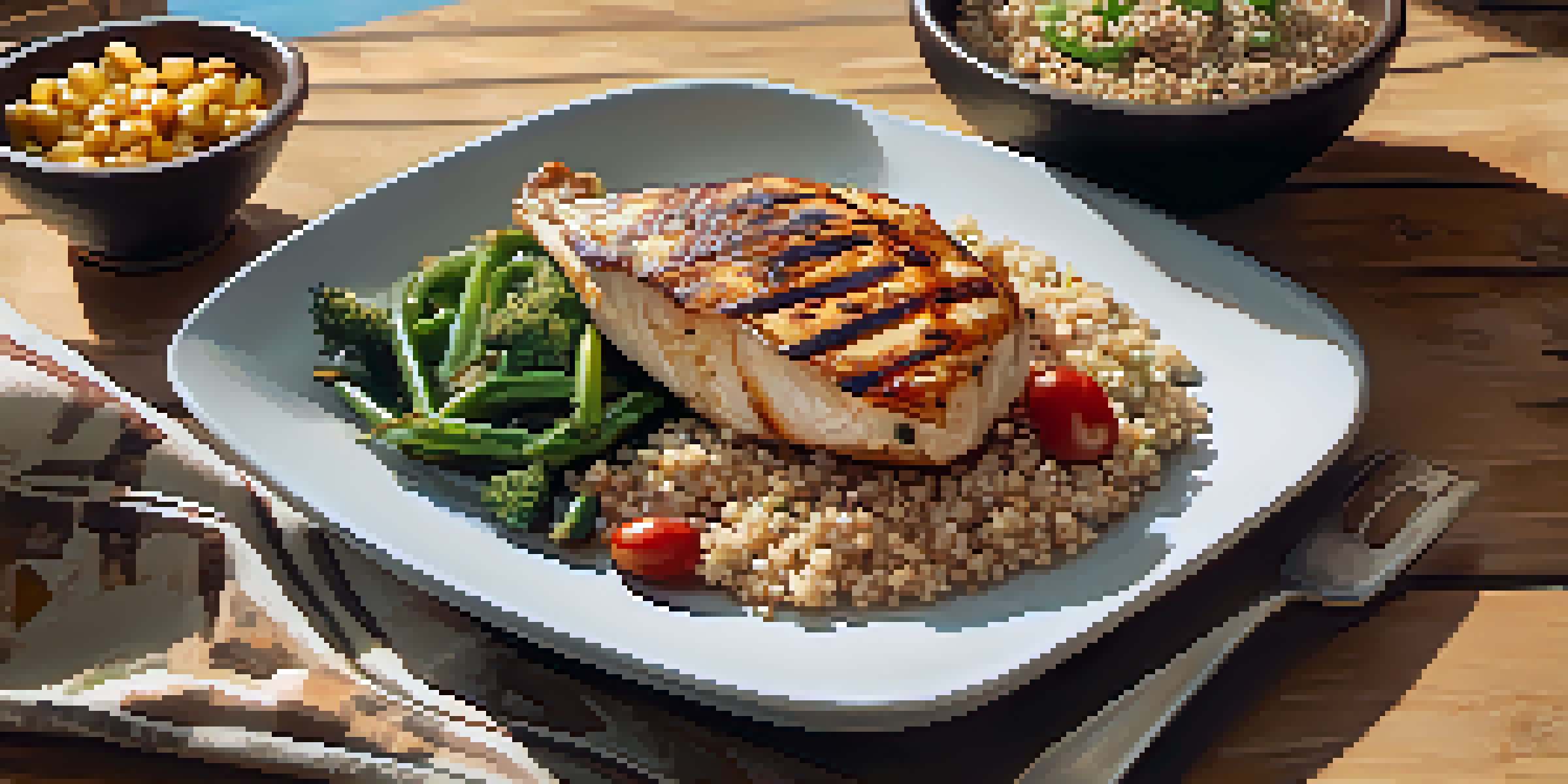 A protein-rich meal with grilled chicken, colorful vegetables, and quinoa on a wooden table, illuminated by natural sunlight.