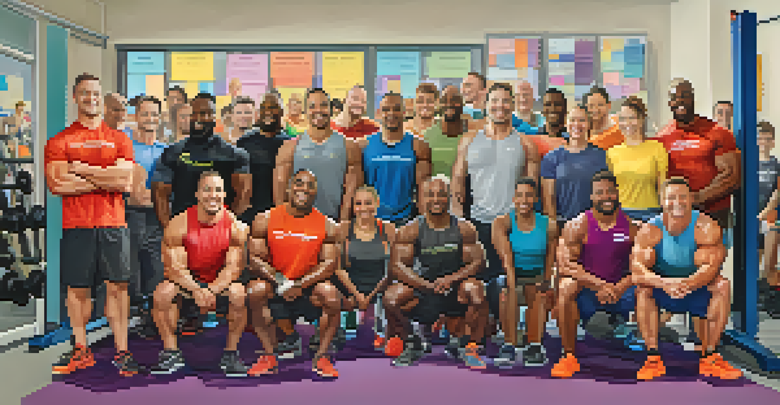 A diverse group of powerlifters celebrating their progress together in a vibrant gym setting.