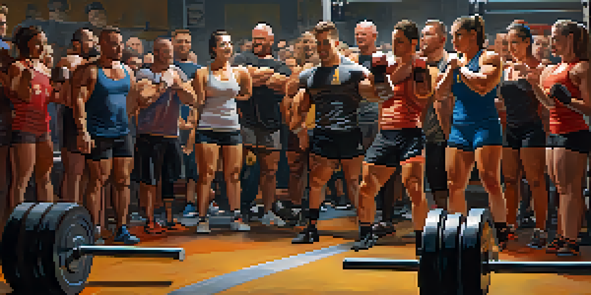 A diverse group of powerlifters in a gym, supporting a teammate during a squat lift, with an atmosphere of encouragement and teamwork.
