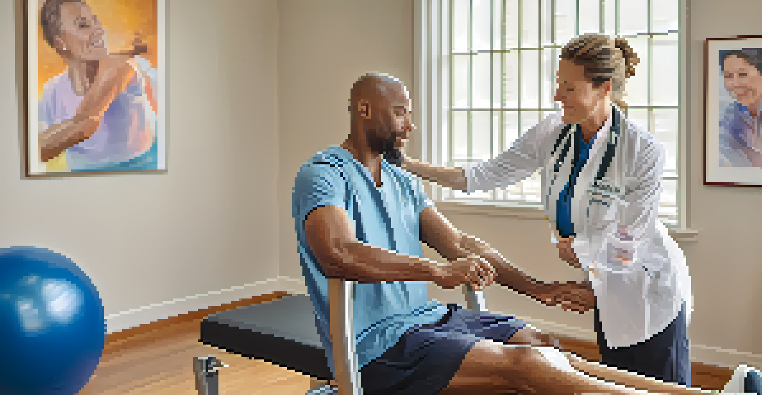 A physical therapist assisting a patient with shoulder mobility exercises in a bright rehabilitation room.