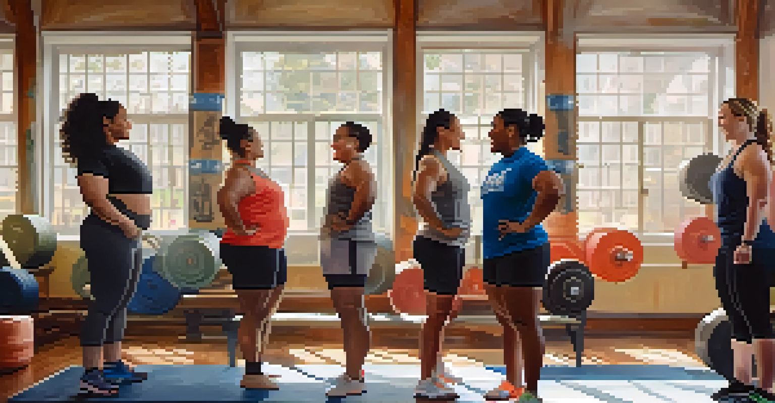 A group of diverse women powerlifters in a training space, sharing tips and supporting each other in a friendly atmosphere.