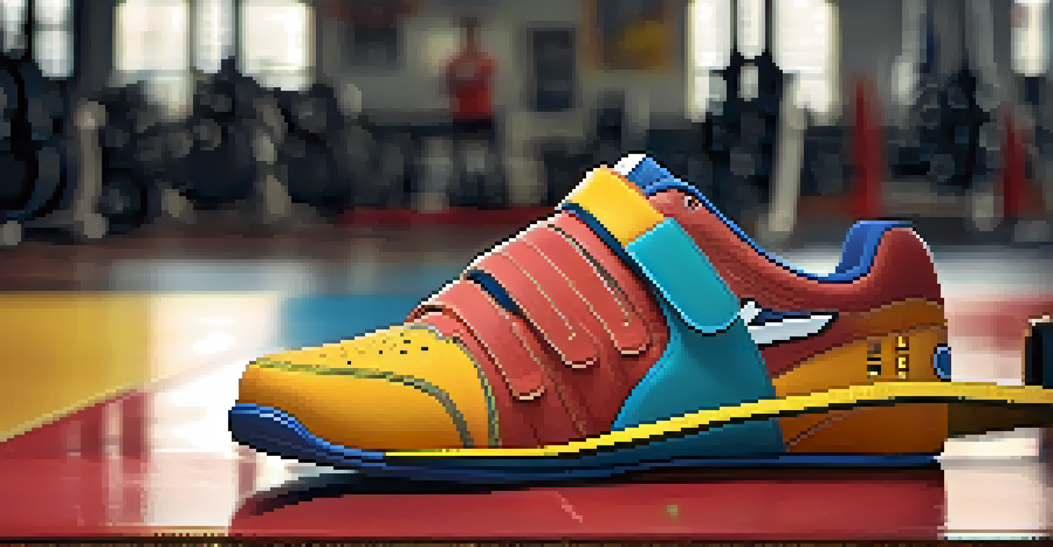 A close-up of a powerlifting belt and colorful weightlifting shoes on the gym floor, with gym equipment blurred in the background.