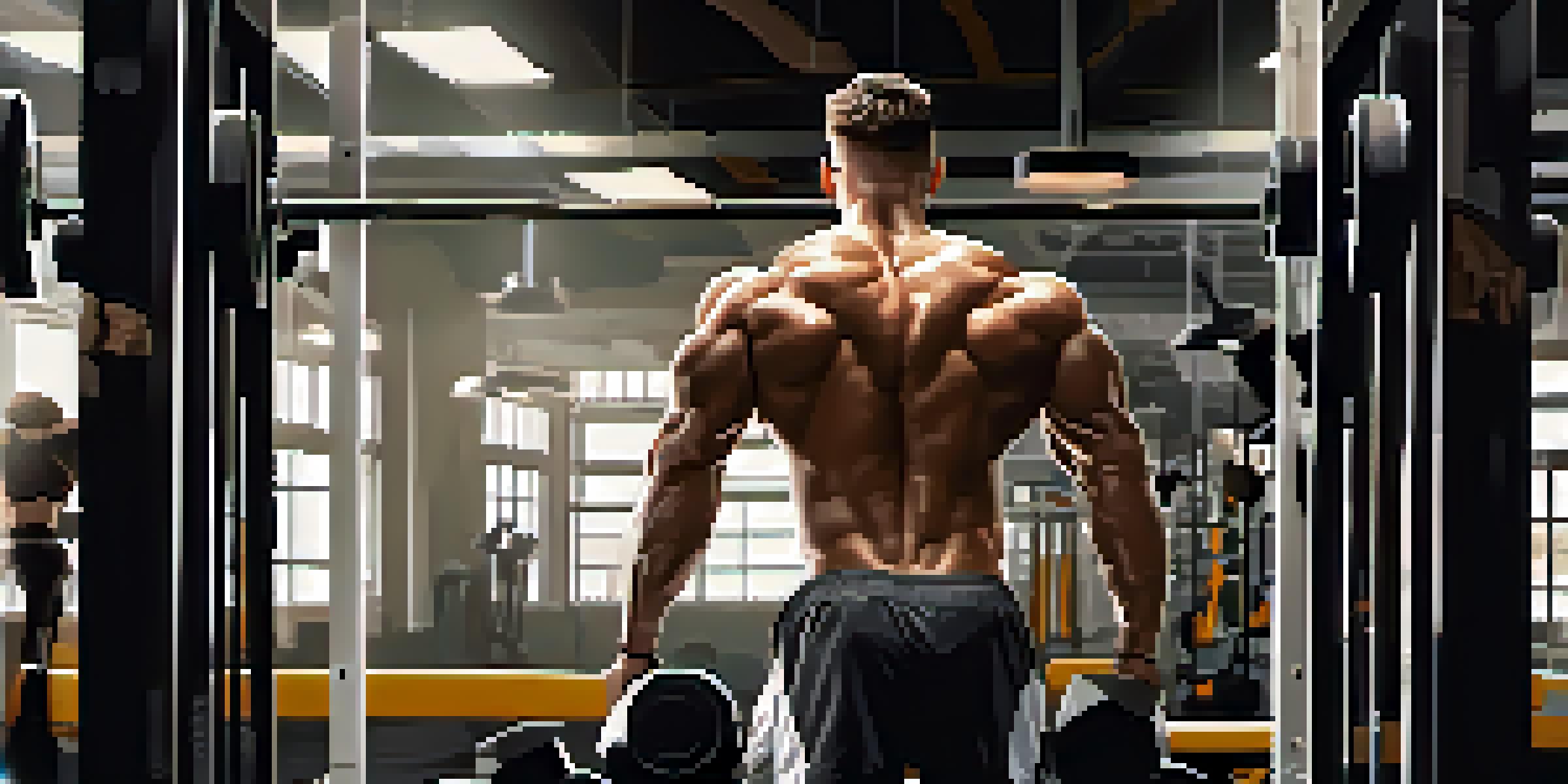A muscular person lifting weights in a bright gym, surrounded by fitness equipment and mirrors.