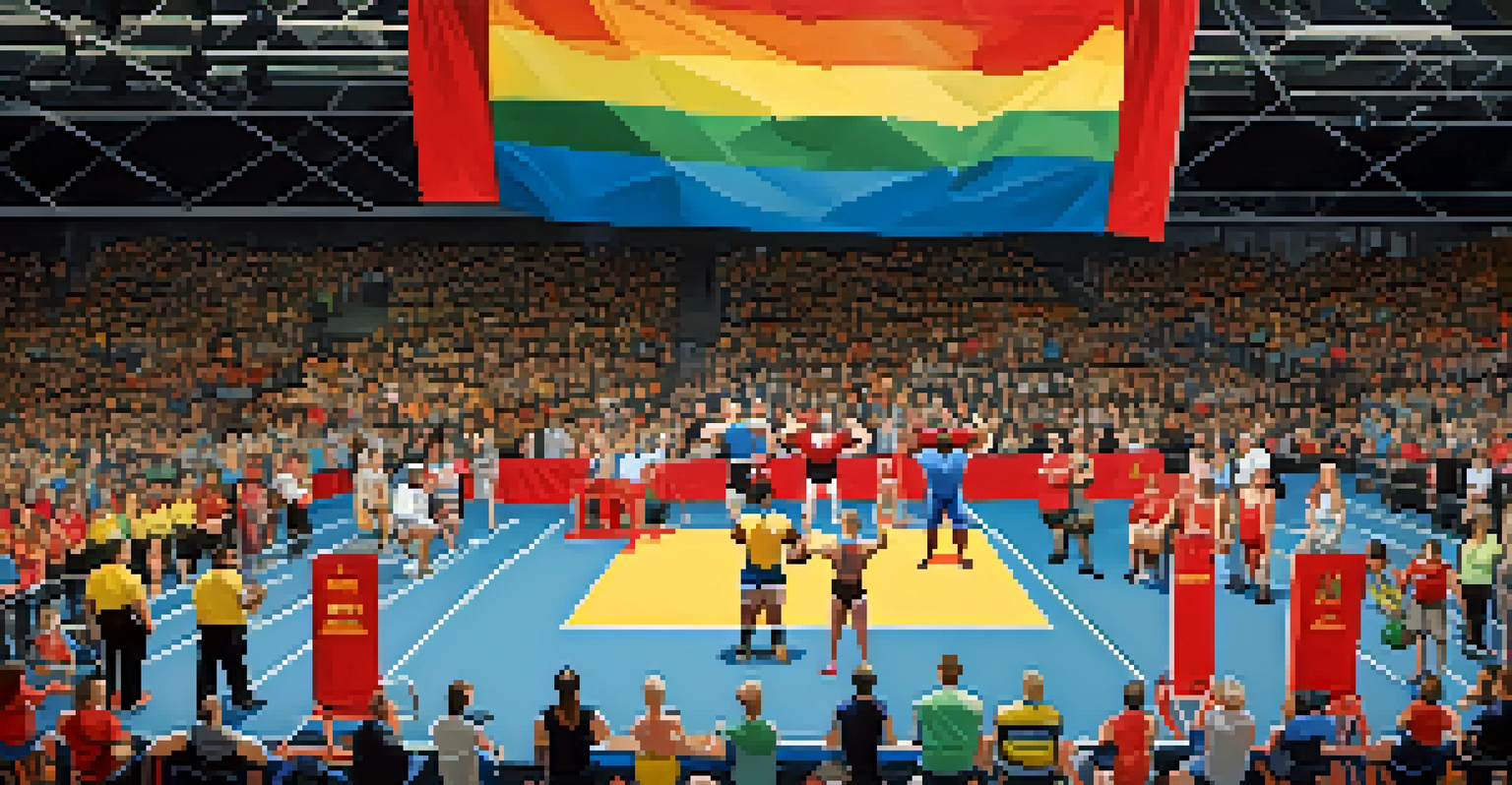 An inclusive powerlifting competition with diverse lifters and supportive spectators in a spacious arena.