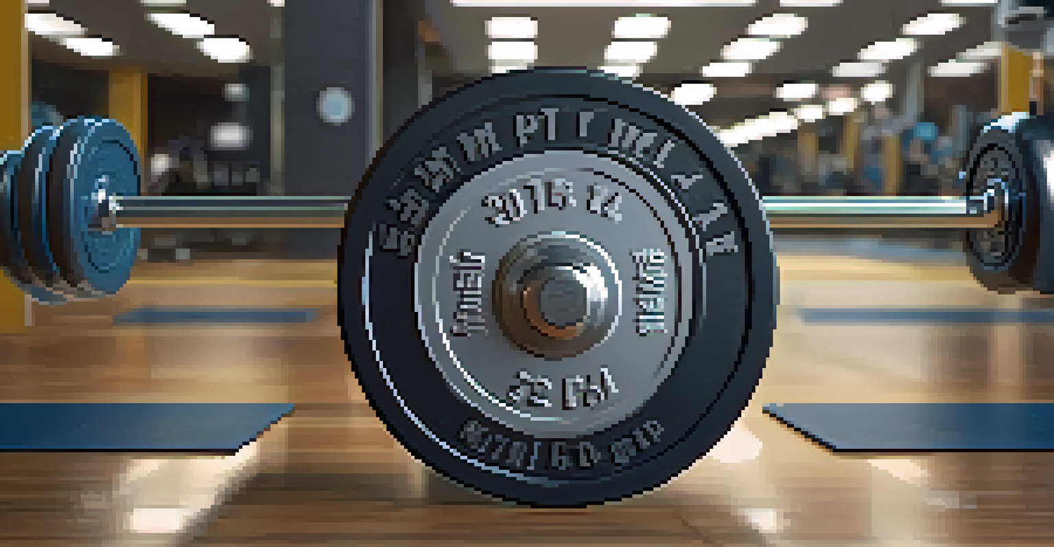 A close-up of weight plates on a barbell, with soft shadows and textures highlighted by the lighting.