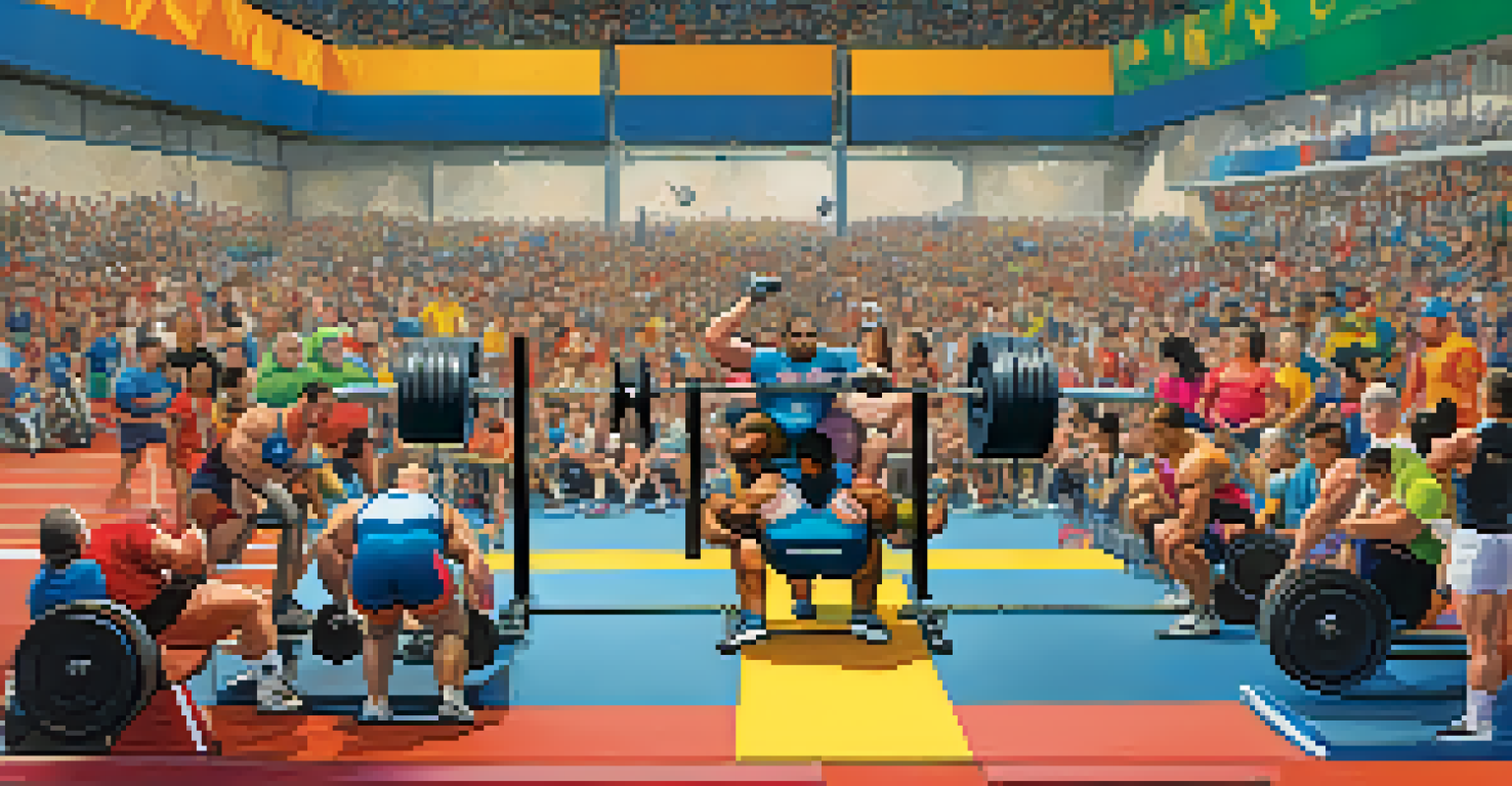 An inclusive powerlifting competition featuring athletes of all abilities, with spectators cheering and a vibrant atmosphere.